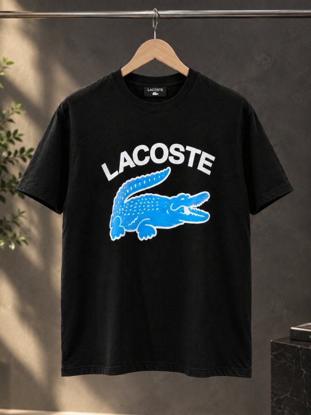 Lacoste Black T-Shirt Blue Crocodile Logo Graphic Tee